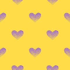 Seamless pattern with purple hearts on yellow background, stipple effect, vector illustration