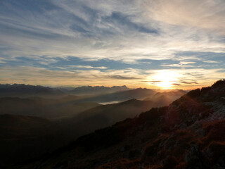 Sunset panorama view at Benediktenwand mountain in Bavaria, Germany