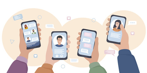 Hands with smartphones. People communicate in social networks and messengers, chat, write online sms, and use video calls. Mobile applications and Internet technologies. flat vector