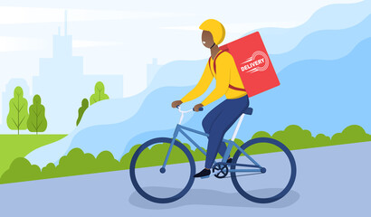 Food delivery by bike. Guy on bicycle riding in park or mountains. Bicycle delivery concept. Cartoon flat vector illustration