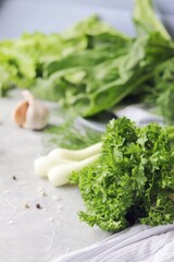 Fototapeta premium Fresh herbs, citrus fruits, spices on the table against the background of the window, organic products, healthy food, home seasonal cuisine