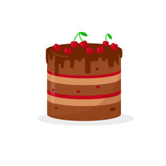 Chocolate cake with cherries on white background.