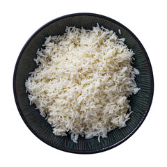 Bowl of boiled rice isolated on white top view