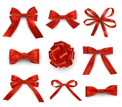 Red bows with single, double, multiple loops realistic set. Ribbons wide, thin for holiday gifts.