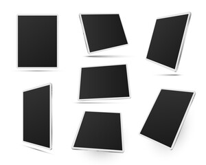 Tablets pc in white color realistic mockups set. Front, side, three quater view. Digital devices.