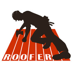 Roofer with tool on the roof silhouette for business