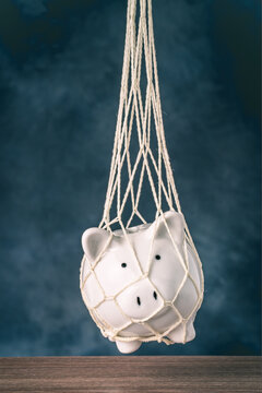 Trapped piggy bank in net. Avoid debt traps and speculation. Savings and retirement financial scams