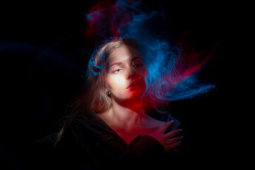 lightpainting portrait, new art direction, long exposure photo without photoshop, light drawing at long exposure