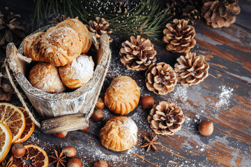 Sweet dessert profiteroles. Christmas composition. Christmas or New Year background.