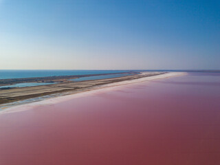 Aerial view to pink salt lake. Sasyk-Sivash pink salt lake in Crimea.