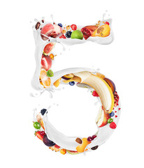 Number 5 made of milk splashes with fruits and berries, isolated on a white background