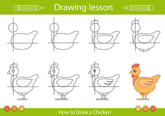 Drawing tutorial a cock. Step by step repeats the picture. Drawing lesson for children. Actives worksheets with cartoon animals. Kids funny activity art page. Vector illustration.