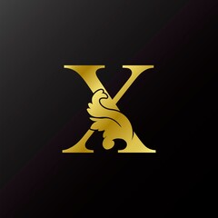 Gold Flourish Letter X Decorative Logo Icon, Luxury Design Swirl Ornate Ornament Vector Design