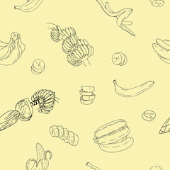 Hand drawn seamless pattern with bananas from different angles. Vector Illustration, isolated on yellow background.