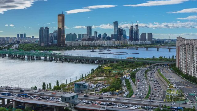 Time lapse sunset at Seoul City and Han river, Seoul South Korea.