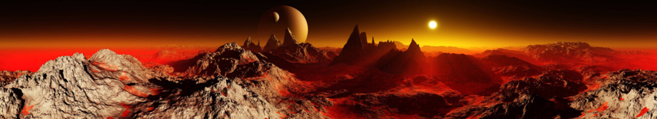 Beautiful alien landscape, panorama of another planet at sunset, 3D rendering