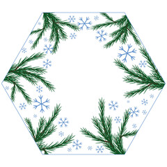 picture for a postcard with fir branches and blue snowflakes on a white transparent background
