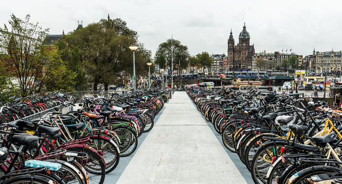 Parking of bicycles in Amsterdam city. Amsterdam.