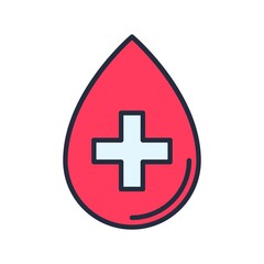 Red blood drop icon with cross sign - medical symbol.