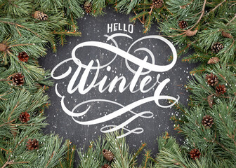 Hello Winter hand lettering inscription. Spruce branches and cones frame. Great season texture with december and winter mood, traditional beverage for winter time.