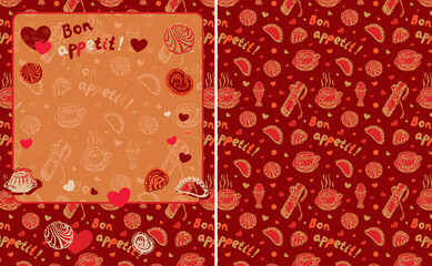 Food banner with pastry, cup of tea, coffee and space for text 