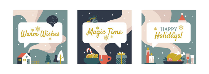 Fototapeta premium Winter holidays square card templates. Aromatic coffee or tea, delicious turkey and warm Christmas atmosphere. Flat design greetings set with text box or bubble for social media, email or print