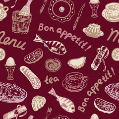 Food and drinks seamless pattern. Background with meat, pig, fish, sausage, pie, napkin, pastry, egg, lemon, teacup, knife, fork, bottle of champagne, plate, dish, tea and sandwich illustrations