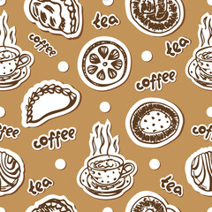 Food seamless pattern with pastry and cups of coffee and tea 