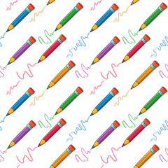 Pencil in cartoon style. Seamless vector pattern