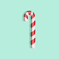 Candy cane in flat style isolated on a turquoise background. Vector illustration.