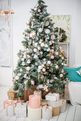 christmas tree with presents interior in scandinavian style