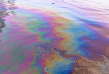Oil petrol water pollution. Ecological disaster. Slick industry oil fuel spilling water pollution....