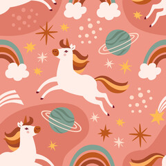 Unicorn pattern. Vector seamless pattern with white unicorns, rainbows and planets. Isolated on pink background