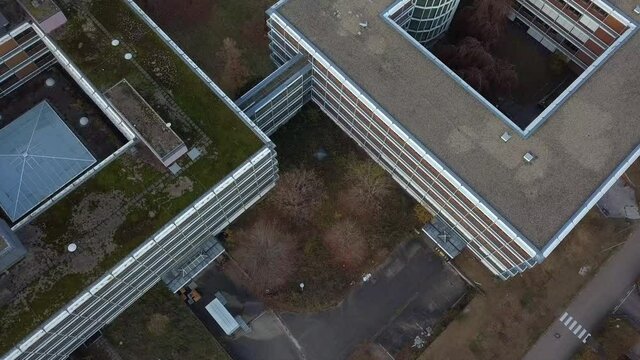 Aerial detail view of the famous Eiermann Campus in Stuttgart that was planned by famous Bauhaus architect Egon Eiermann from 1965 on and was used as an office space until 2009. Since then it is