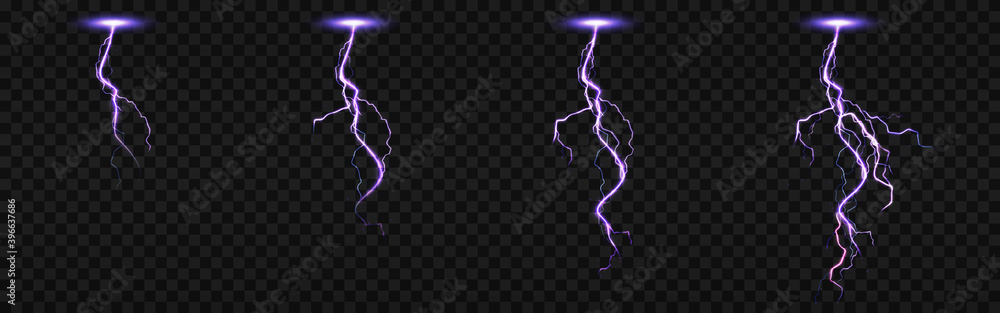 Poster sprite sheet with lightnings, thunderbolt strikes set for fx animation. vector realistic set of purp