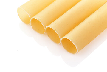Italian pasta for tubes cannelloni. Close-up of a of raw cannelloni pasta, a tubular pasta that is usually stuffed with meat or vegetables, on a white background. Full depth of field.