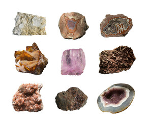 Gems and minerals collection, rocks and gemstones isolated