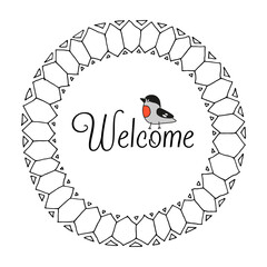 Hand drawn welcome lettering in a frame.