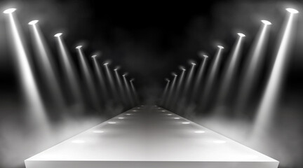 Spotlights background, glowing stage lights, white beams for red carpet award or gala concert. Empty illuminated way for presentation, runway with lamp rays with smoke for show, Realistic 3d vector - obrazy, fototapety, plakaty