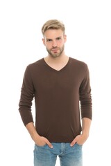 Fototapeta premium unshavem handsome confident man with stylish hairdo and casual wear isolated on white, confidence