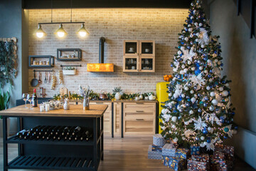 Chrismas interior of a kitchen, Christmas tree in the kitchen, decoration