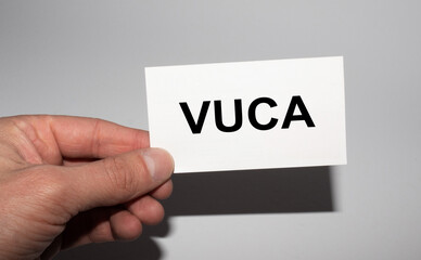 Message on the card VUCA, in hands of businessman.