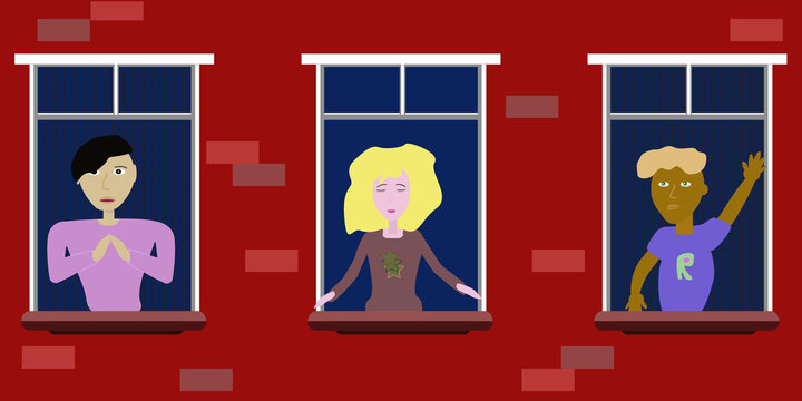 Background of a brick wall of a house with people in the Windows. People's feelings. Design of the evening building. Vector illustration.