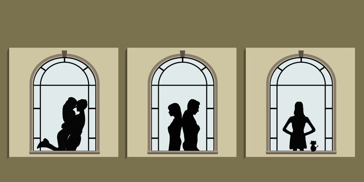 Background of silhouettes of people in the window. Illustration about feelings in family life. Love, quarrel, parting. Vector illustration.