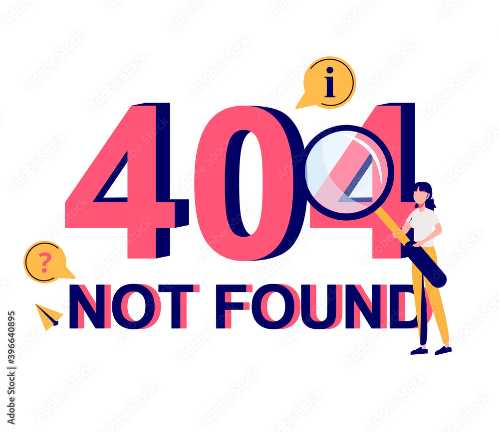 Poster woman looking at website message through magnifying glass and question marks. concept of error 404, 