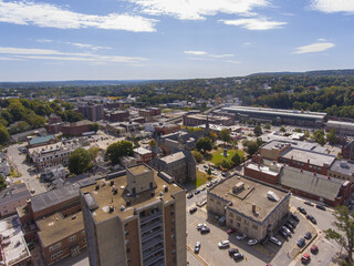 Fitchburg city downtown aerial view on Main Street in fall, Fitchburg, Massachusetts MA, USA.