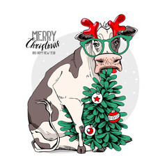 Merry Christmas and New year card. Sitting cow in the horn deer mask, glasses and with the fir tree. Humor t-shirt composition, meme, hand drawn style print. Vector illustration.
