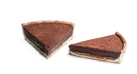Salted caramel and chocolate tart slices isolated on white