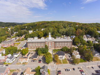 Longsjo Middle School aerial view at 98 Academy Street in downtown Fitchburg, Massachusetts MA,...