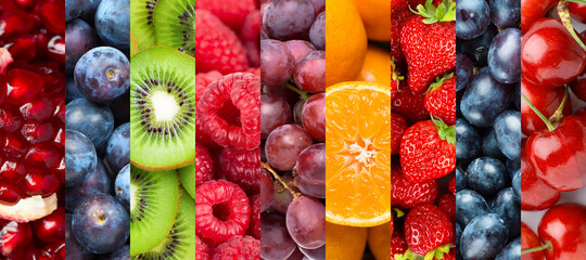 Fruits. Background of mixed ripe fruits and berries. Fresh food
